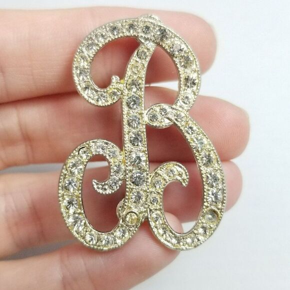 Vintage B Monogram Initial Letter Rhinestone Brooch, Silver Tone Lapel Pin - Picture 8 of 8